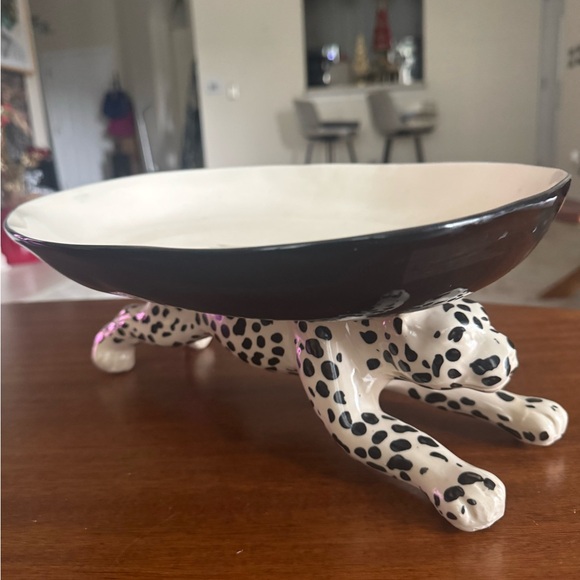 Pier 1 Spotted Cheetah Ceramic Serving Bowl Centerpiece Dish Black Cream Stand - Picture 7 of 11